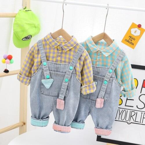 Autumn Children Clothes Baby Boys Girls Plaid Shirt Overalls Bib Pants 2Pcs/sets Infant Kids Fashion Toddler suits