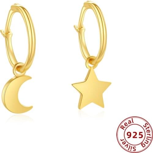 Classic 925 Sterling Silver Moon Star Hoop Earrings for Women Fashion Small Huggie Earrings Silver Jewelry