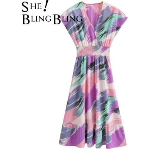 SheBlingBling Women 2021 Tie Dye Print Midi Dress Summer Elastic A-line V-neck Long Dresses robe Elastic waist femme Dresses