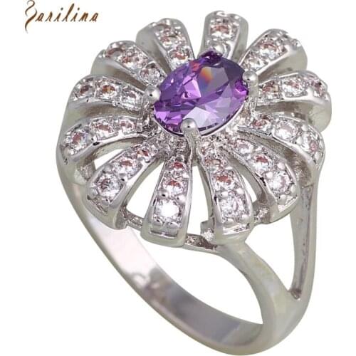 Wedding Accessories Silver Color Purple Crystal CZ Rings For Womens Fashion Bijoux Size 6.5 7.5 8 R601