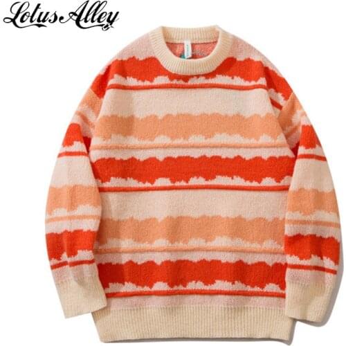 Striped Mens Sweater Crewneck Knitted Jumpers Korean Fashion College Style Male Oversized Ribbed Sweater Winter All-match Coat