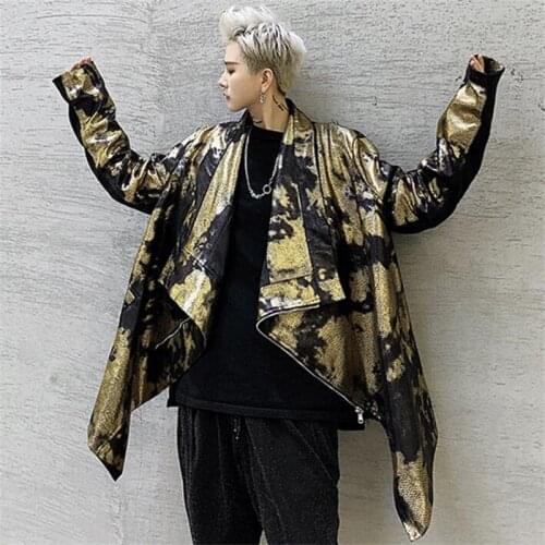 Mens trench coats man large lapel coat men stage hot gold print glossy slanted hem silhouette clothes loose overcoat singer B247