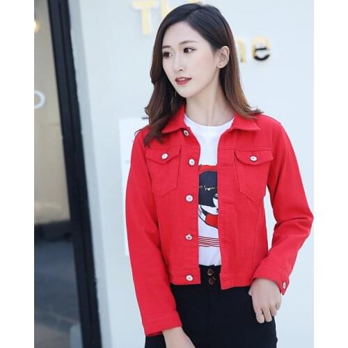 Denim Jacket Spring Autumn Women Red Jeans Jacket Korean Slim Denim Coat Female Black Jean Jackets Casual Pink Denim Jacket