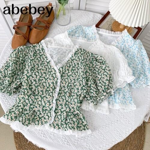 2021 New Summer Retro All-match V-neck puff sleeve Shirt Edible Tree Fungus single breasted floral short Shirt Top