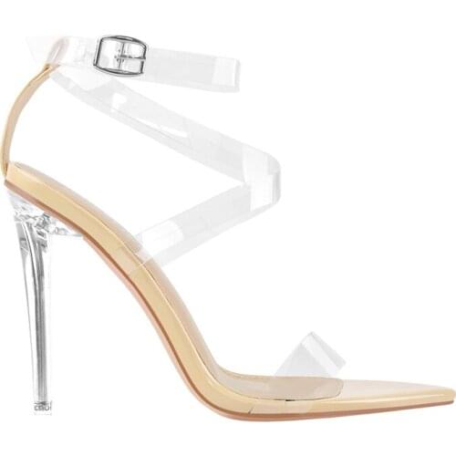 Richealnana Summer Pointed Toe Sandals For Women Thin High Heels Colorful Side Transparent Band Ankle Buckle Big Size PVC shoes