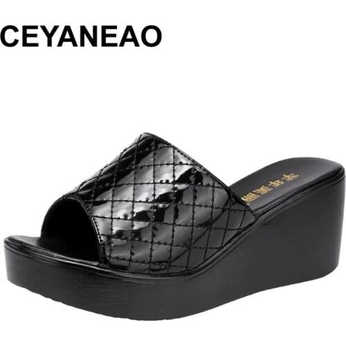 CEYANEAOWedges Heel Peep Toe Women Patent Leather Summer Thick Bottom Platform Shoes Fashion Footwear Wedge Shoes