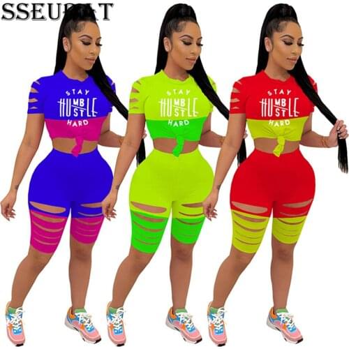SSEURAT Women Set Letter Print Patchwork Hole Short Sleeve O-neck Crop Tops Strechy Shorts Two 2 Piece Sets Summer Outfits