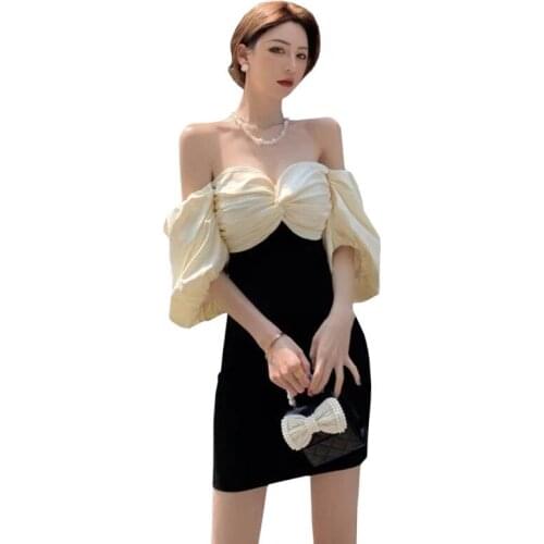 Summer Sexy Word Shoulder High Waist Dress Women French Bubble Sleeve Hip Lift Wrap Backless Mini Lady Party Club Dresses 2021