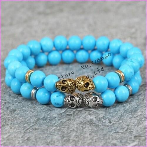1pcs 2017 new fashion 8mm beads bracelet gold/silver color skull head blue stone beads mens bracelet