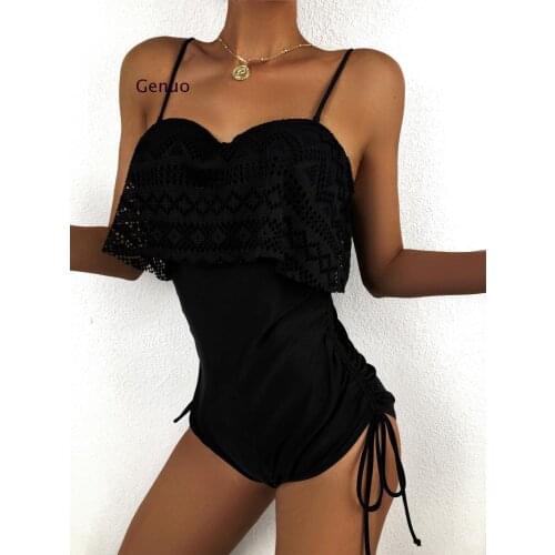 2021 Sexy Black Lace Swimsuits for Female One Shoulder Womens Swimwear Push Up Bathing Suits Bodysuits Beach Wear