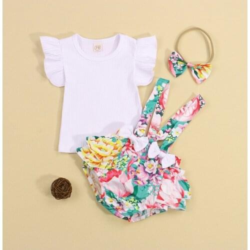 3Pcs Newborn Baby Summer Outfits Princess Lovely Baby Girls Ribbed Fly Sleeve T-shirt+Flower Bow Suspender Shorts+Headband Suit