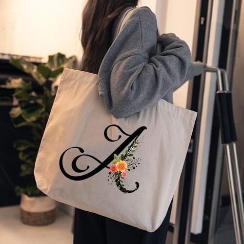 Alphabet A-Z Canvas Shopping Bags Harajuku Foldable Zipper Shoulder Bag Canvas School Book Lovely Handbags Totes Large Capacity