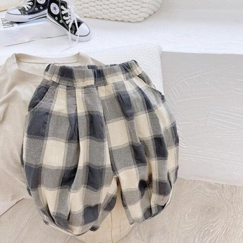Cotton and Linen Childrens Summer Plaid Casual Pants Boys Summer Cropped Pants Harem Pants Thin Section