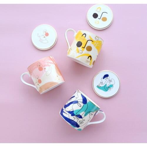 Ins Nordic style high bone china color abstract art ceramic mug European light luxury style water cup with lid