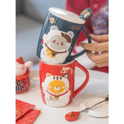Lovely lucky cat ceramic cup with lid spoon creative new year tea water cup office breakfast milk coffee mug set gift box