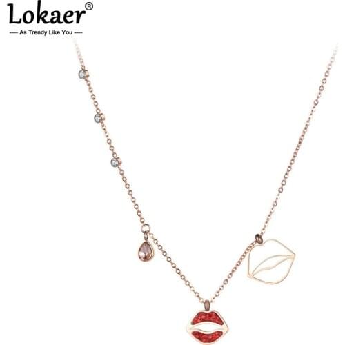 Lokaer OL Style Red Rhinestone Lips Charms Necklaces For Women Girls Rose Gold Stainless Steel CZ Crystal Pendant Jewelry N19033