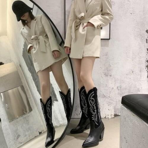 Fashion Embroidered Microfiber Leather Womens Boots Pointed Toe Boots Womens Knee-length Boots Thick-soled Wedges