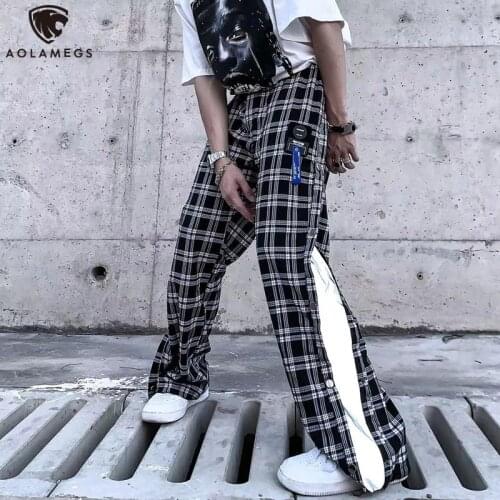 Aolamegs Mens Pants Plaid Sweatpants Side Botton Reflective Patchwork Hip Hop Harajuku Streetwear Couple Vintage Casual Trouser