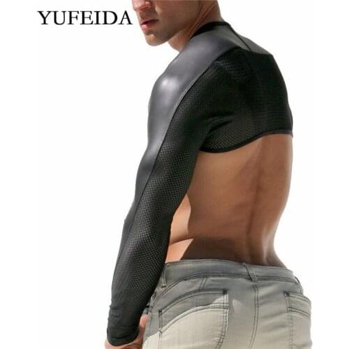 Mens Chest Harness Belt Shoulder Tank Tops PU Leather Wetlook Sexy Crop Tops Arm Sleeves Harness Costumes Stage Dance Clubwear