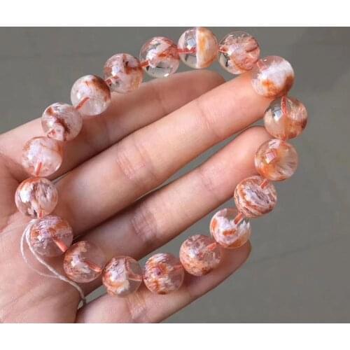Genuine Natural Sericite Orange White Snow Phantom Quartz Bracelet 11mm Crystal Round Bead Stretch Natural Quartz Bracelet AAAAA