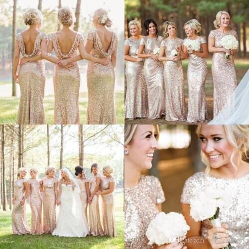 Rose Gold Cheap Mermaid Bridesmaid Dresses Short Sleeves Backless Long Beach Sequins Wedding Party Maid of Honor Dress
