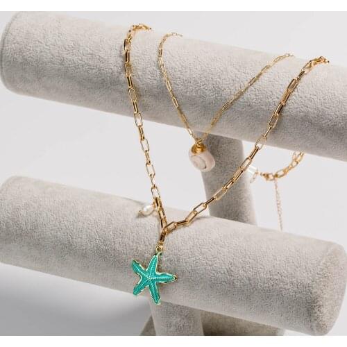 New arrival hot-selling gold-painted metal starfish pendant Natural shell freshwater pearl multi-layer necklace chain necklace