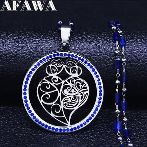 Heart Blue Crystal Stainless Steel Charm Necklaces Round Silver Color for Women Necklace Jewelry acero inoxidable joyeria NXS01