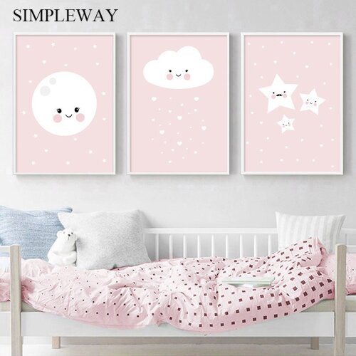 Pink Moon Star Cloud Canvas Poster Nursery Wall Art Print Canvas Painting Nordic Kids Decoration Picture Baby Girl Bedroom Decor