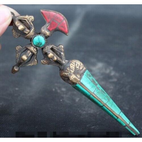 Pure Copper Gilt Tastefully Tibetan Silver 6 " Tibet Turquoise Gilt Protection God Phurba Dagger Holder statue