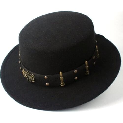 Unisex Women Men Wool Flat Top Hat Wide Brim Hat Outdoor Casual Wild Homburg Hat Bowler Hat Size 56-58CM