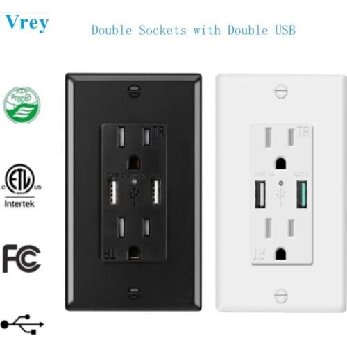 VREY US Wall Power Double Sockets with Double USB Quick Charger 5V/4.2A Tamper-Resistant Shutters 360 degree anti-misplugging