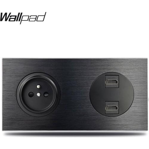 Wallpad Double HDMI 3.0 Outlet with French German Wall Socket L6 Black Brushed Aluminum Satin Metal 172*86mm