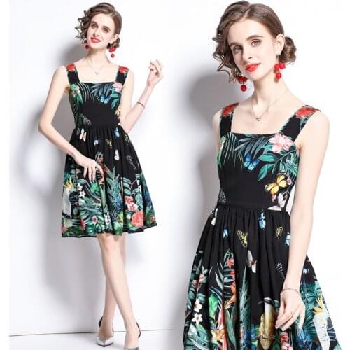 Women Summer Dresses Office Lady A-LINE Printing Spaghetti Strap Vigtage Dresss Plant Knee-Length Elegant Women Summer Dresses