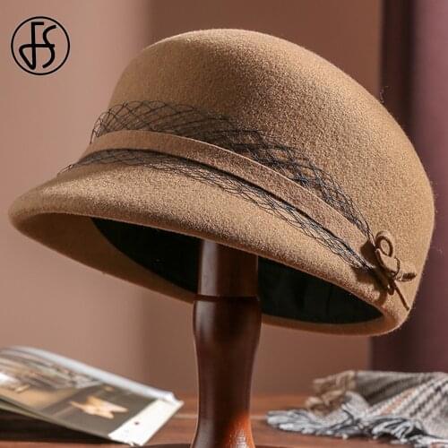 FS Simple Woolen Berets Caps For Women Fashion Wool Felt Fedora Hat Winter Church Female Vintage Cloche Painter Hats With Veils