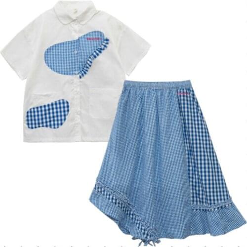 Two Piece Set Women 2021 Summer White Letter Embroidery Appliques Blouse And Plaid Patchwork Asymmetry Knee Length Skirts Sets