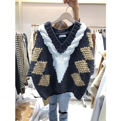 Chalecos Para Mujer Autumn Hit Color V Neck Twist Sweater Vest Women Casual Retro Fashion Argyle Sleeveless Knitted Top Crop