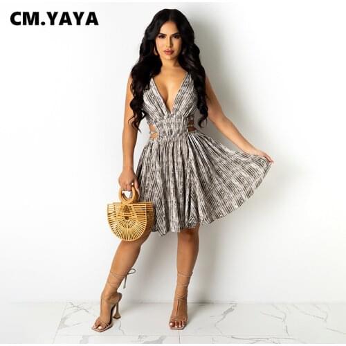CM.YAYA Women Dress Print Sleeveless V-neck Cut Out Fit and Flare A-line Dresses Office Lady Sexy Fashion Outfits Summer 2021