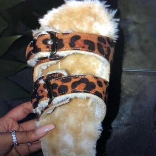 Winter Home Women Warm Plush Leather Flip Flop Leopard Fur Slippers Sandals Womens Shoes Wild Fashion Slippers 2020 New