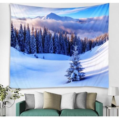 Winter Snowing Snow Scene Woods Tapestry Art Deco Blanket Curtain Hanging Home Bedroom Living Room Decoration