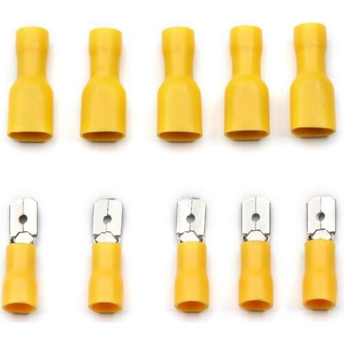 100Pcs 1.5-2.5mm2 Yellow Female + Male Spade Insulated Electrical Crimp Terminal Connectors Wiring Cable Plug FDFD2-250 MDD2-25