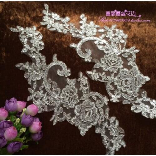 3 Pairs/6 pieces per Lot 31*12cm Corded Silver Edge Lace Applique High End Super Nice for Bridal Hair Decoration Patch