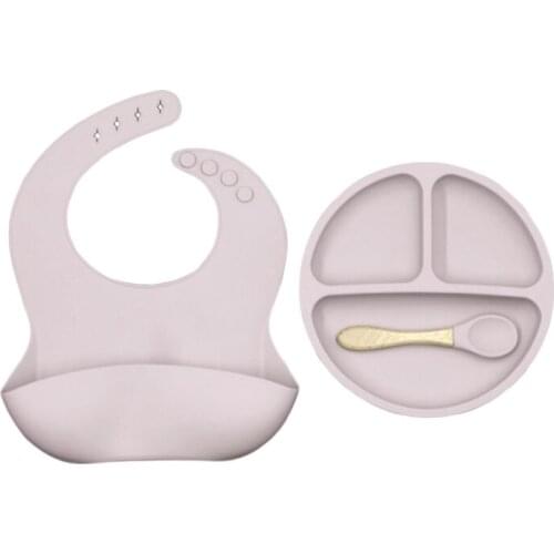 3 Pcs/Set Baby Training Feeding Food Bowl Spoon Bibs Set Silicone Divided Plate Q9QB