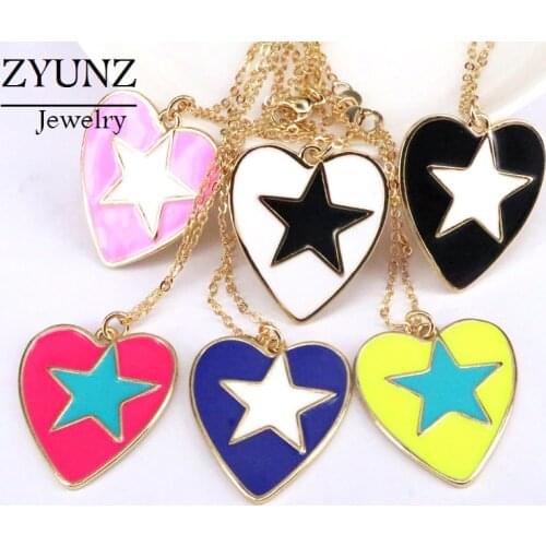 5PCS, Fashion Copper Enamel Star Necklaces for Women Colorful Enamel Heart Pendant Necklaces Trendy Jewelry