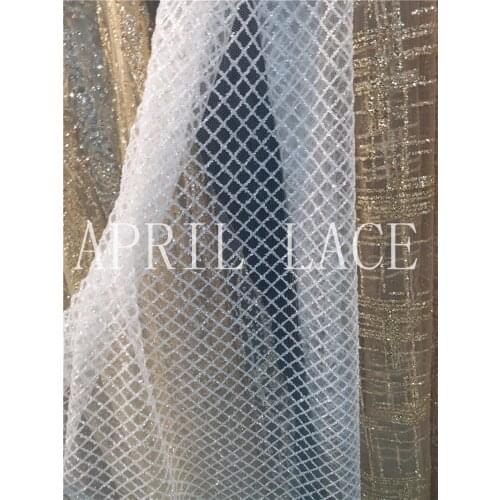 Aa003 african crystal transparent glued gliter small grid mesh tulle lace for evening dress/sawing/party/wedding,ship all world