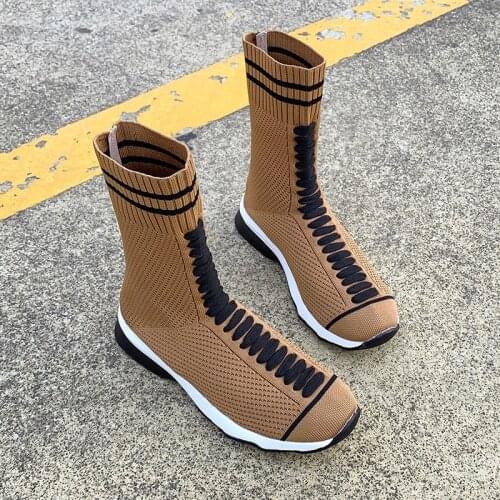 New Womens Knitting Mesh Slip On Ankle Boots Sock Shoes Woman Low Heel Comfort Ladies Boots Female Casual Shoes Size 35-43