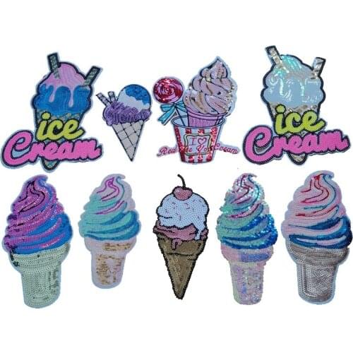 2PS Colorful Ice Cream Patch Iron On Sequined Badge Stickers Embroidered Sew On Patches For Clothing Diy