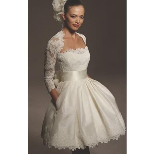 Free shipping вечерние платья Stock Bolero Short half sleeves Prom Gown tea length lace appliques Bespoke Wedding Dresses