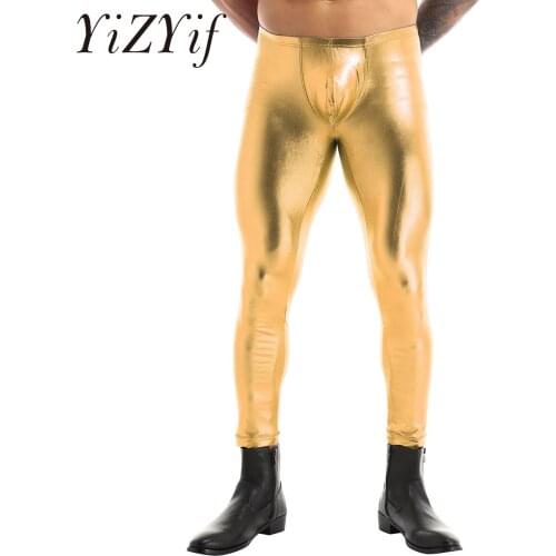 Mens Gold Silver Blue Metallic Dance Leggings Shiny Stage Performance Pants Patent Leather Skinny Leggings Clubwear For Adults