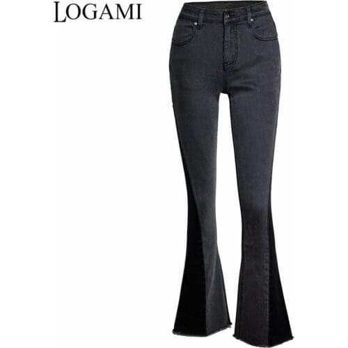 LOGAMI Patchwork Jeans Woman Flare Casual Denim Jeans Womens Fashion Pants Black