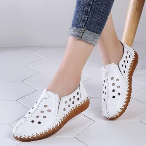 White Black Hollowed Moccasins For Women Genuine Leather Flats Breathable Loafers Shoes Womens Soft Casual Flat Shoes
